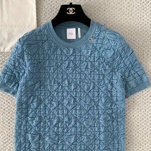 Dior Sky Blue Quilted Short Sleeve Sweater with Bow Pin